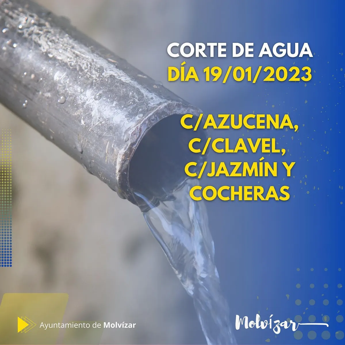Aviso Corte de agua en las siguientes calles